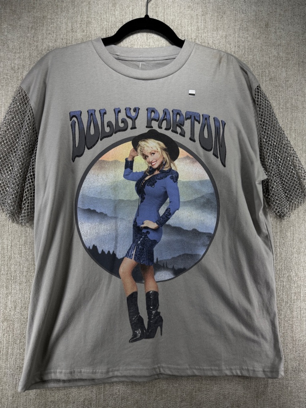 Dolly Parton Rhinestone Mesh Sleeve Graphic Oversized Tee Gray Small